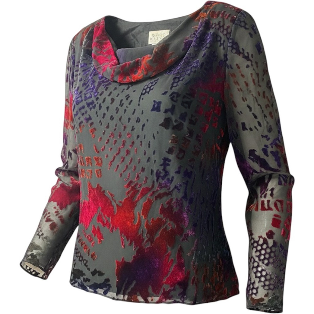 David Warren New York Burnout Velvet Mesh Blouse Red Purple Cowl Neck Size 16